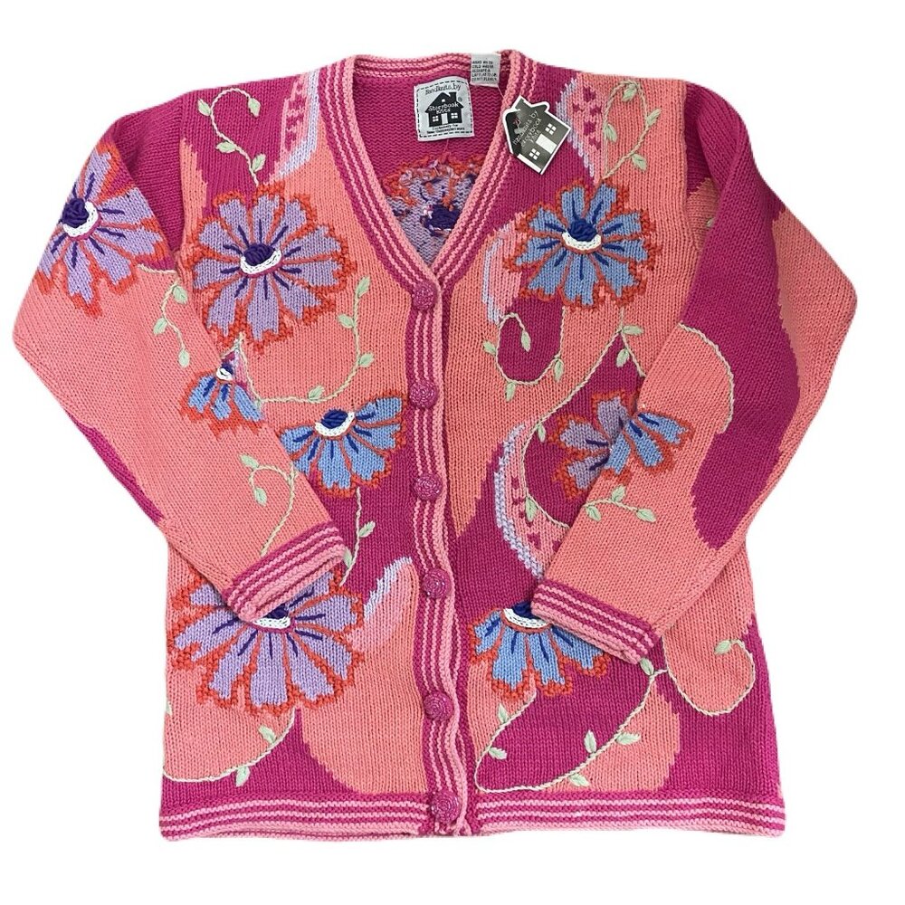 DEADSTOCK vintage grannycore Storybook Knits pink purple floral cardigan sz S